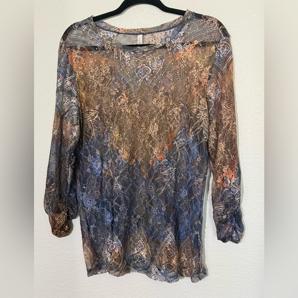 Elegant Lace Sheer Women’s Blouse with Ruched Wrist Detail, XL - Picture 1 of 6
